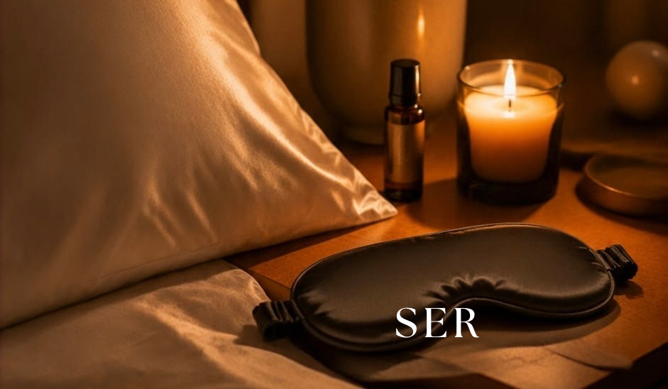 Cama com travesseiros, máscara de dormir com logo SER, vela acesa e óleo essencial em luz quente
